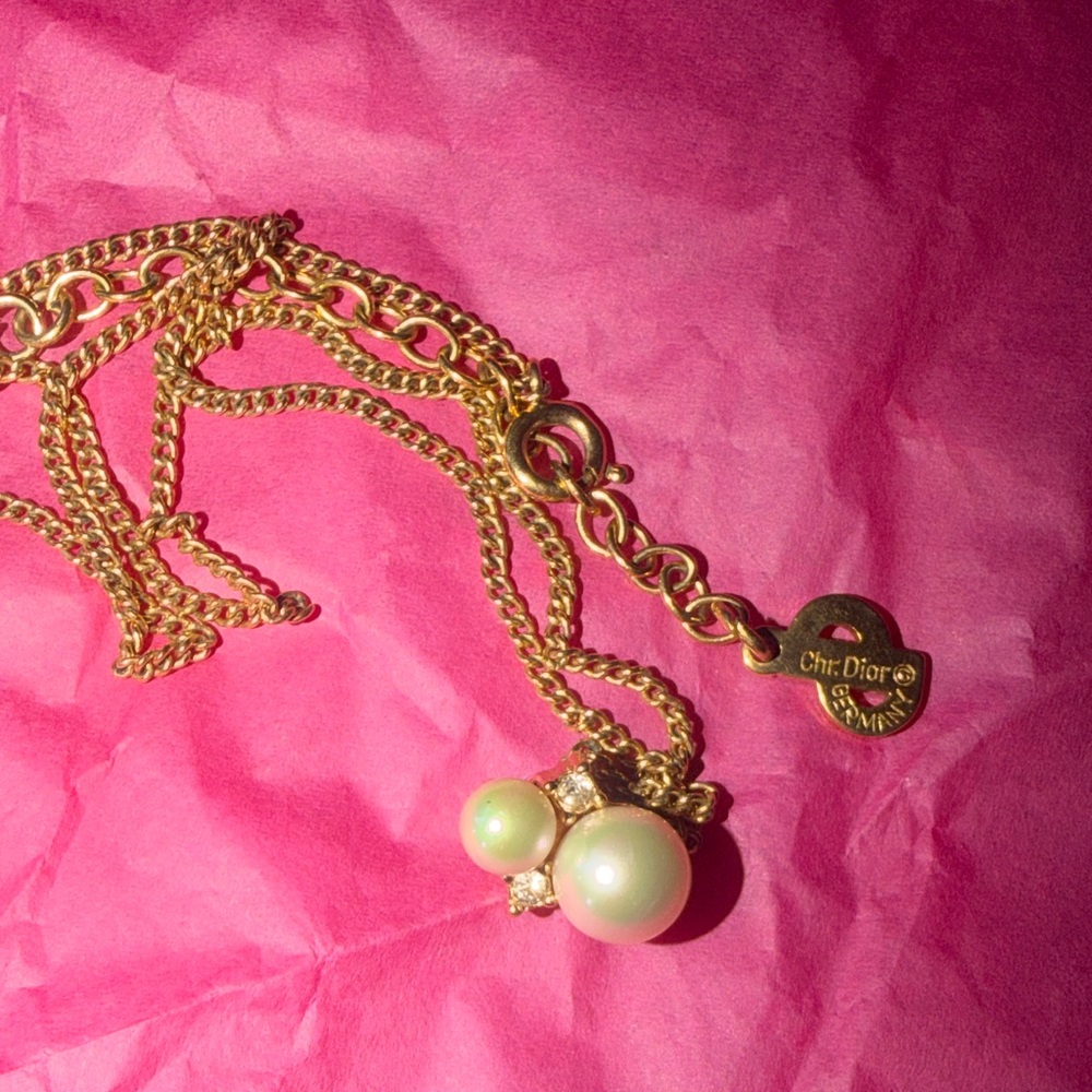 Vintage Dior  Gold-Tone Double Pearl Drop Necklace with Crystals - Gold plated